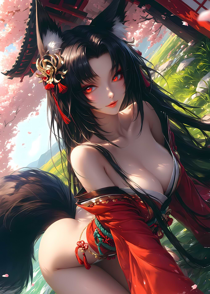Anime Fox Girl in Red Kimono