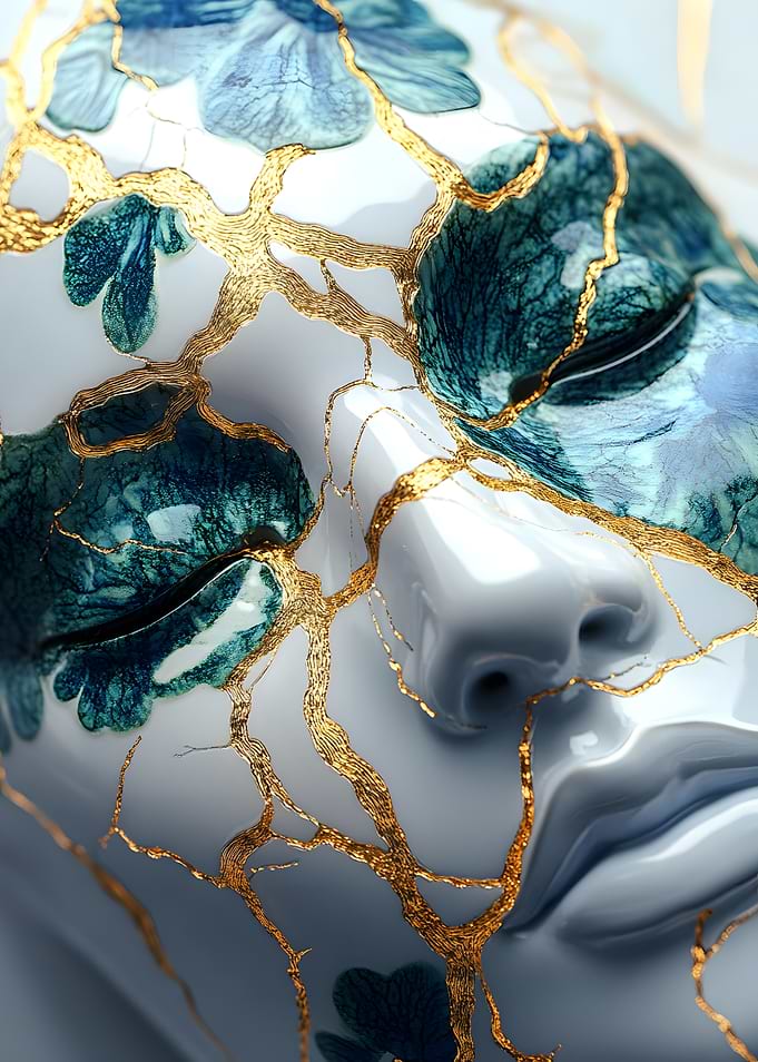 Gold and Teal Face Kintsugi Art