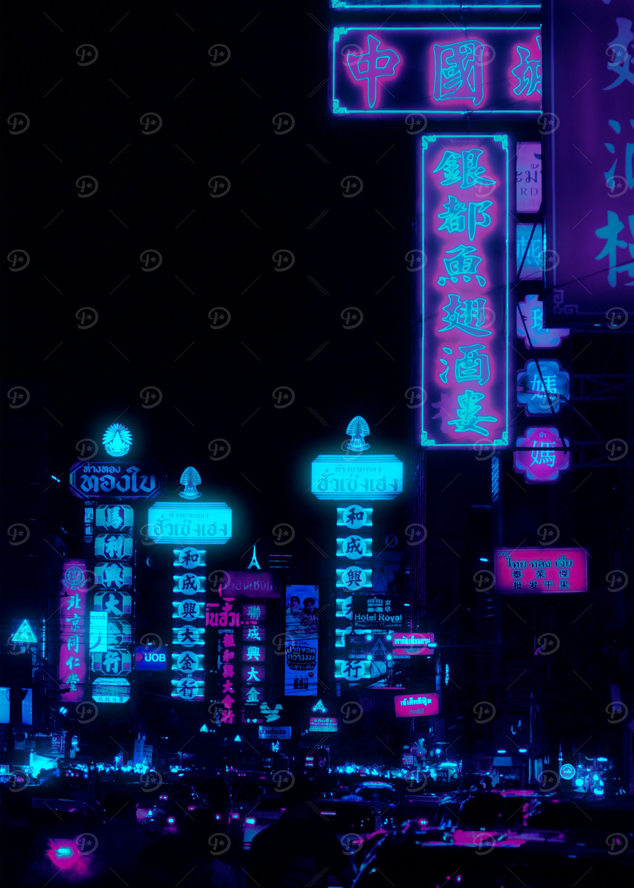 Dark City with Neon Signs