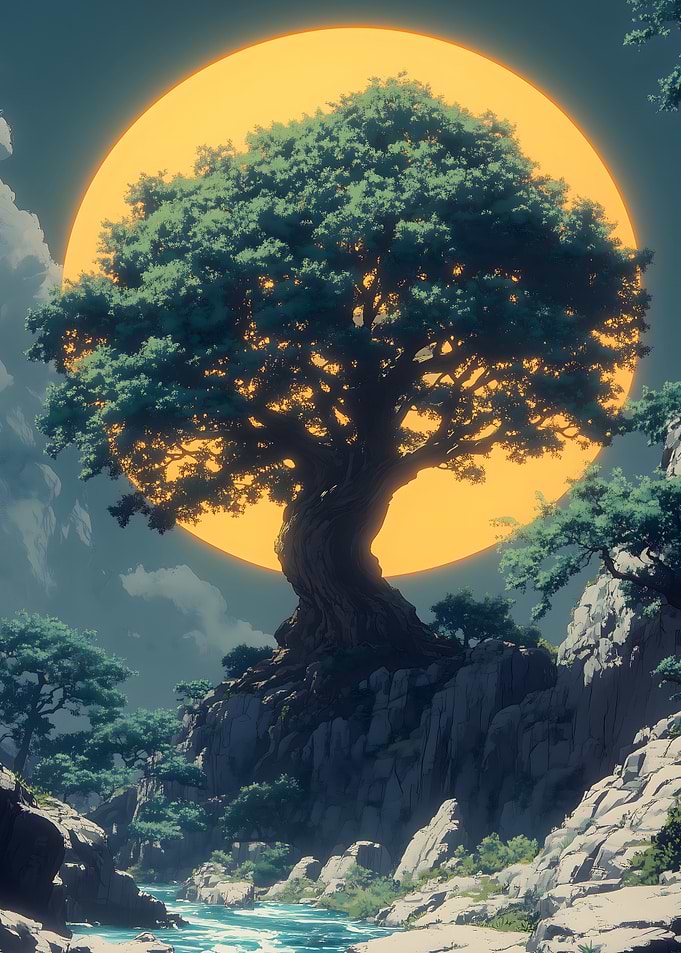 Giant Tree and Moon Japanese Landscape