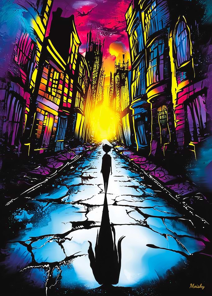 Neon City Shadows – Surreal Urban Dreamscape Art