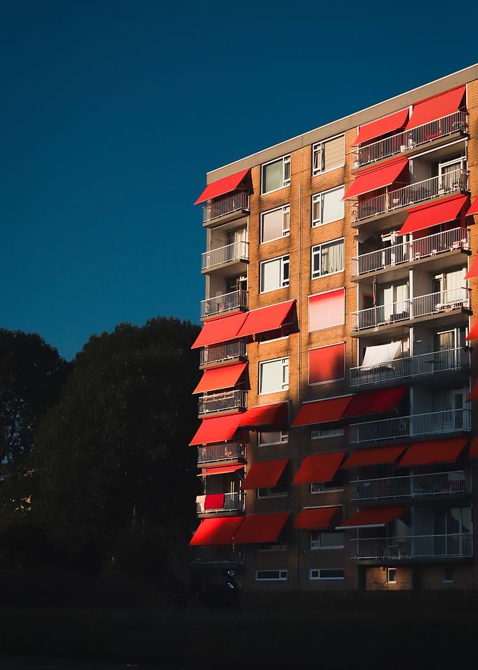 Apartment Building with Red Awnings