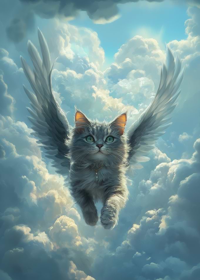 Flying Cat with Wings | Gray cat loss painting