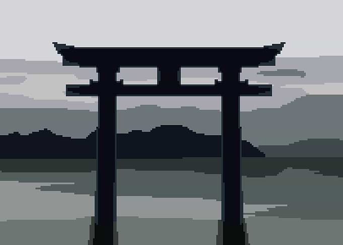 Japanese Torii Gate BW PIXEL art