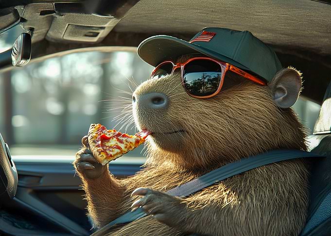 Capybara Eating Pizza in Car