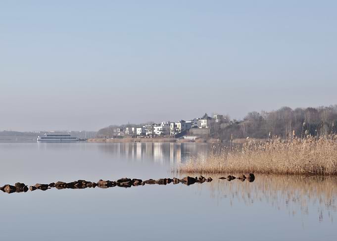 Calm Lake with Distant Houses