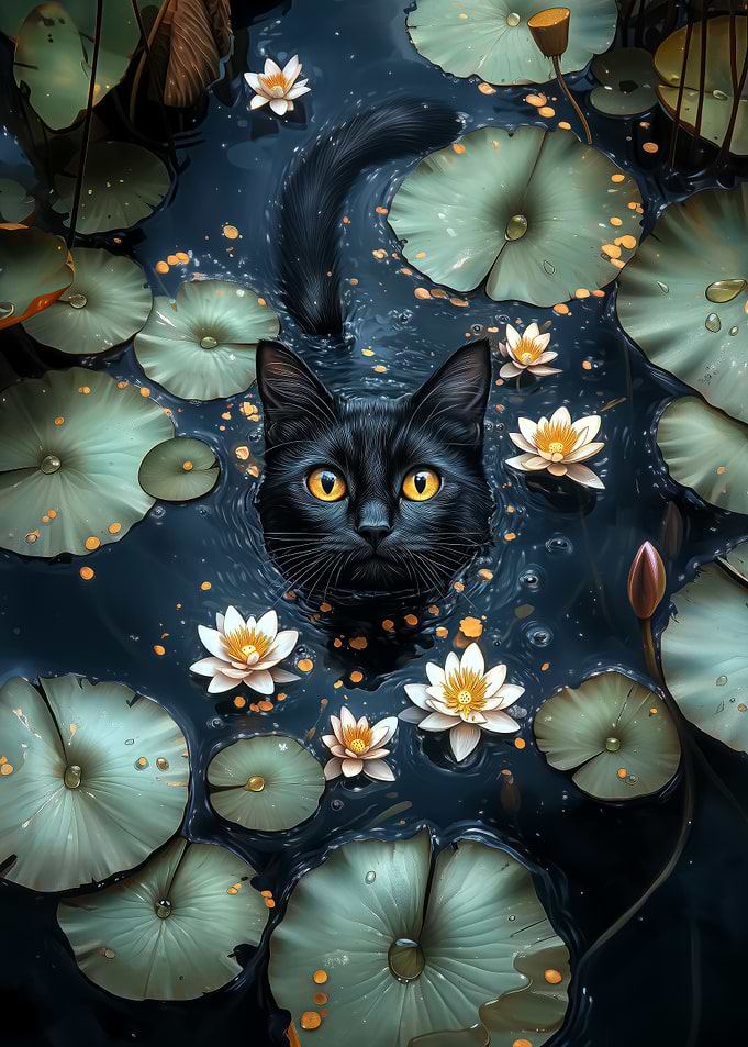Black Cat in Water Lilies