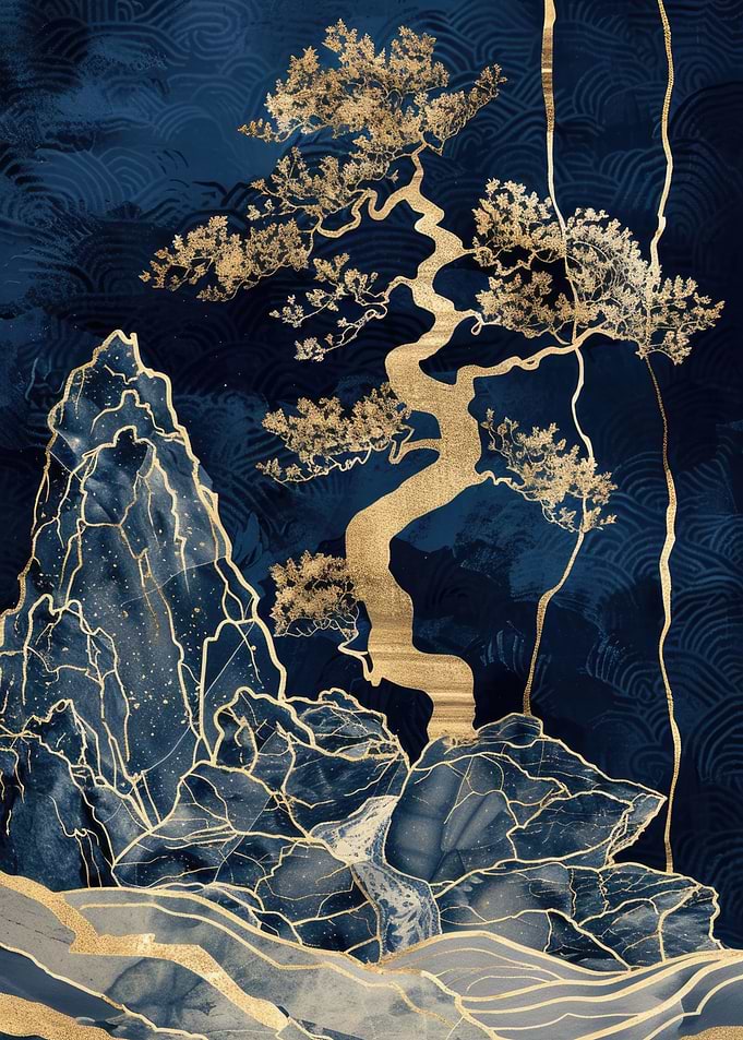 Gold & Blue Kintsugi Mountain Art