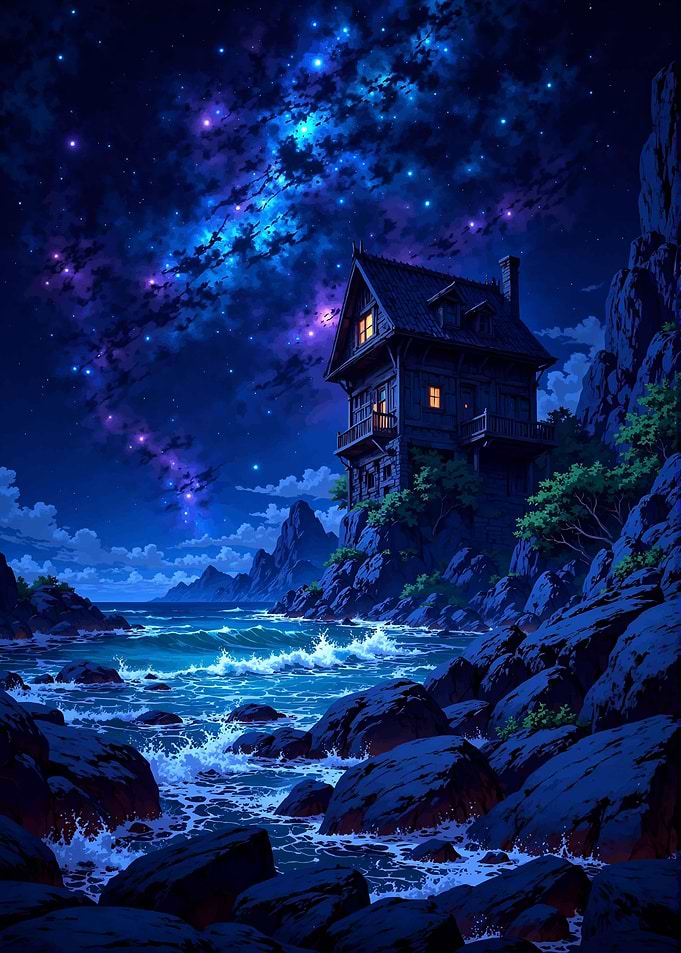 Nighttime Cottage on the Coast