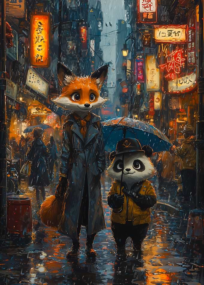 Neon Rain – Noir City Stroll 🦊🐼✨