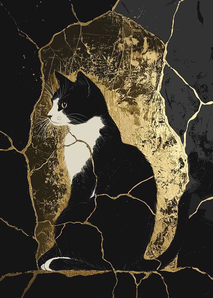 Black and White Cat in Gold