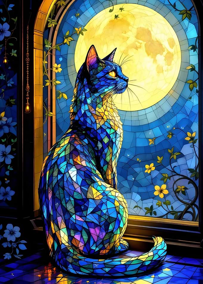 bright blue cat stained glass