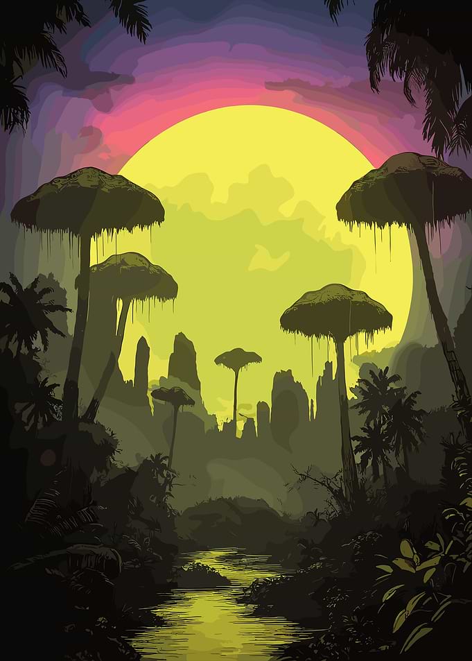 Jungle Sunset with Giant Mushrooms