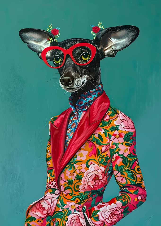 Dog in Floral Suit