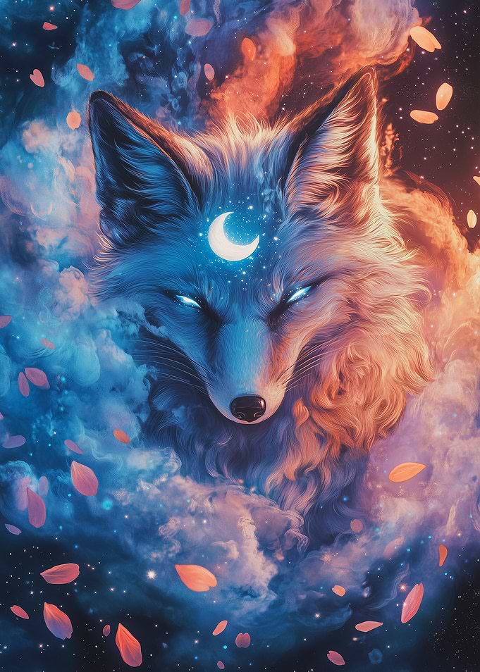 Mystical Fox with Crescent Moon