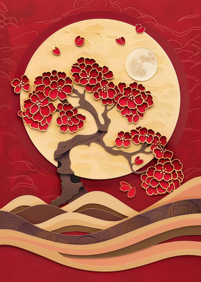 Japanese Cherry Blossom Moon 3D Kintsugi Art