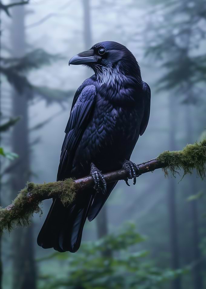 Raven in Foggy Forest