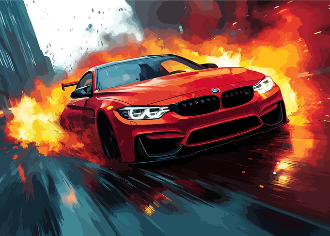 Red BMW Speeding Through Flames
