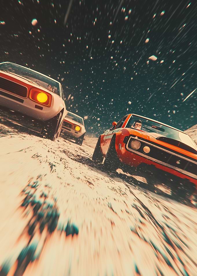 Vintage Cars in Snowstorm