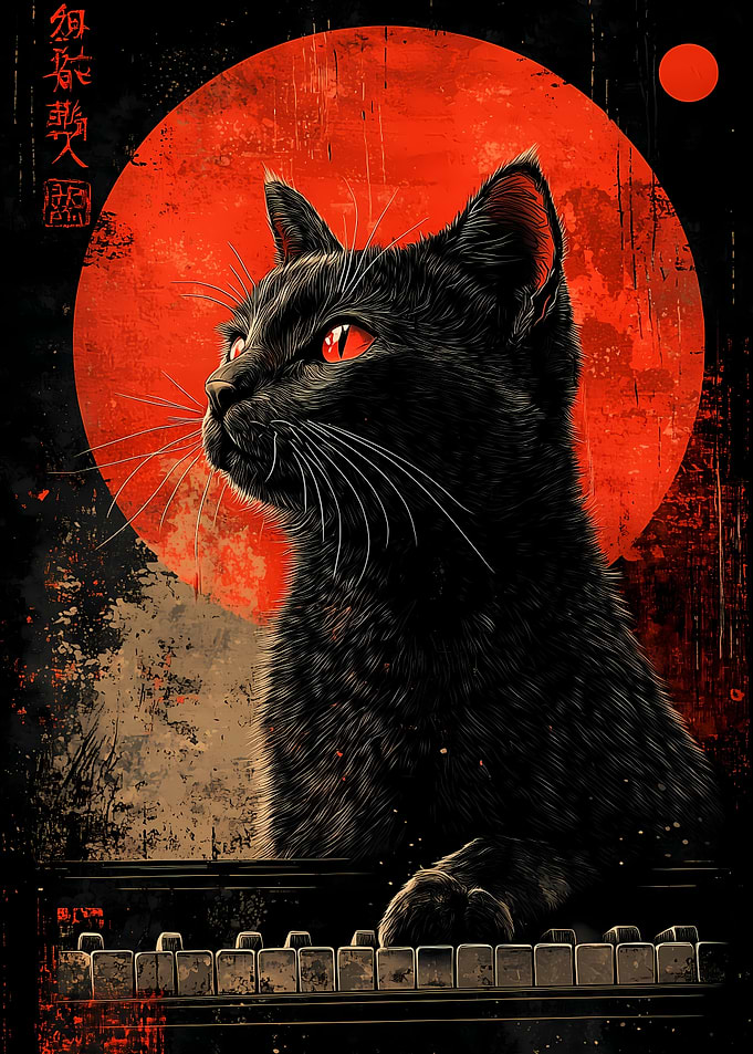 Black Cat Red Moon Japanese Asian Artwork