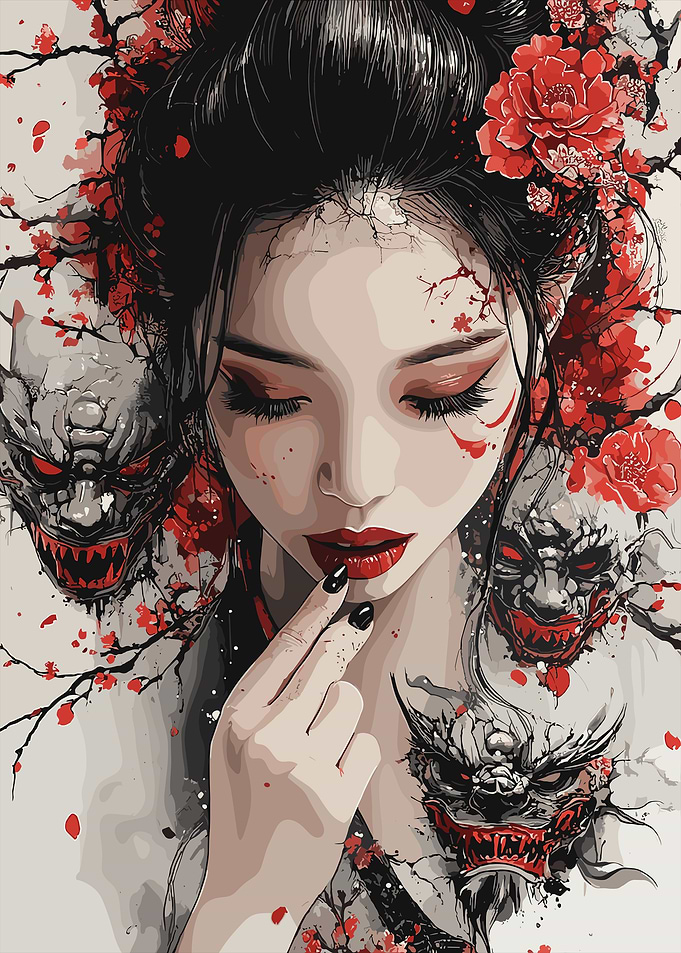 Geisha with Oni Masks