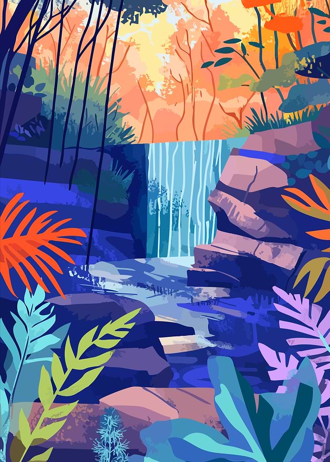 Minimalist Tropical Waterfall Nature Art