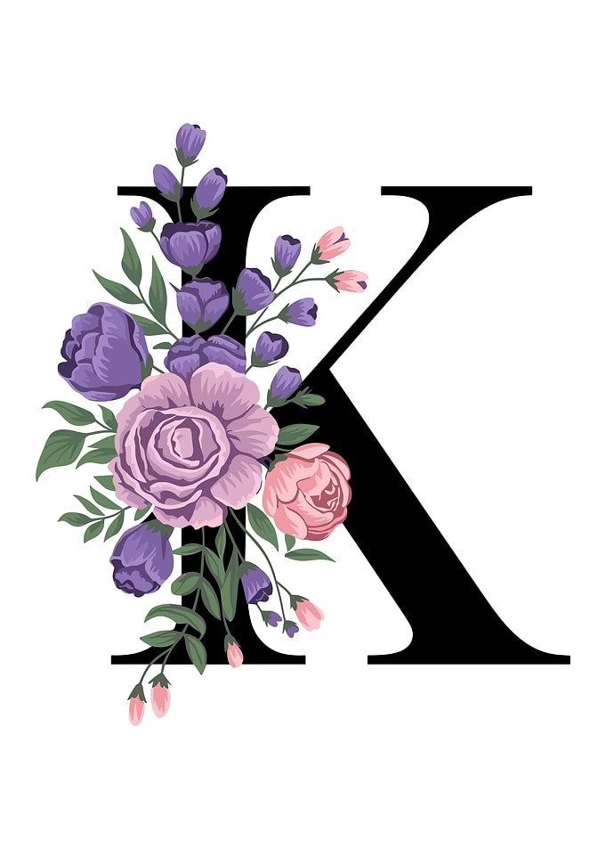 monogram name floral black initial letter K English alphabet cute pretty colorful roses lavender purple flowers cool design cute graphic