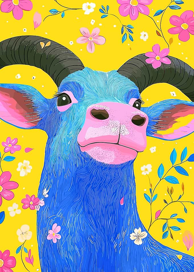 Vibrant Goat with Floral Background