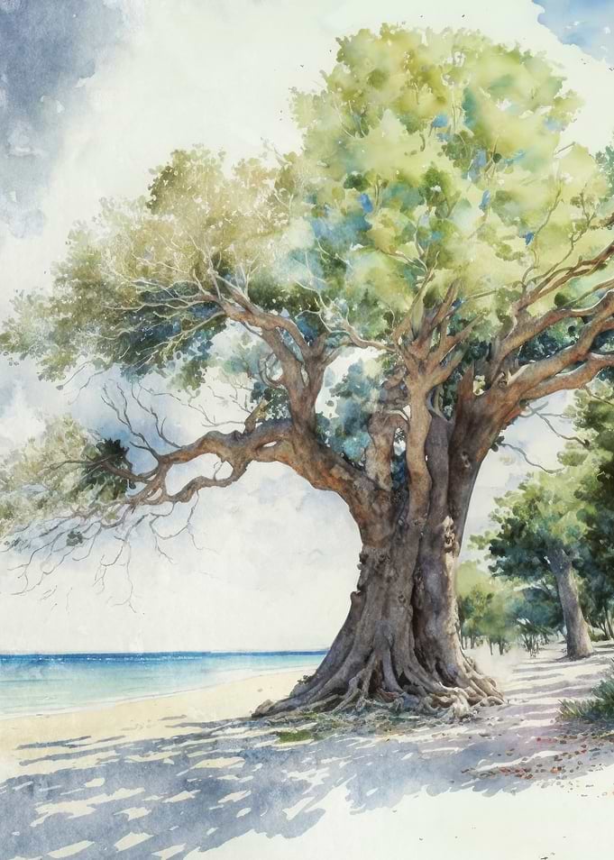Watercolor Tree by the Sea