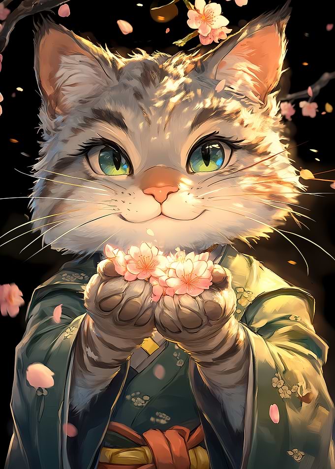 Bengal Cat in Kimono with Cherry Blossoms