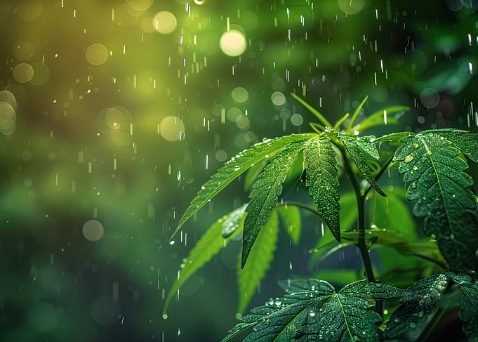Glistening Cannabis Leaves in Rain