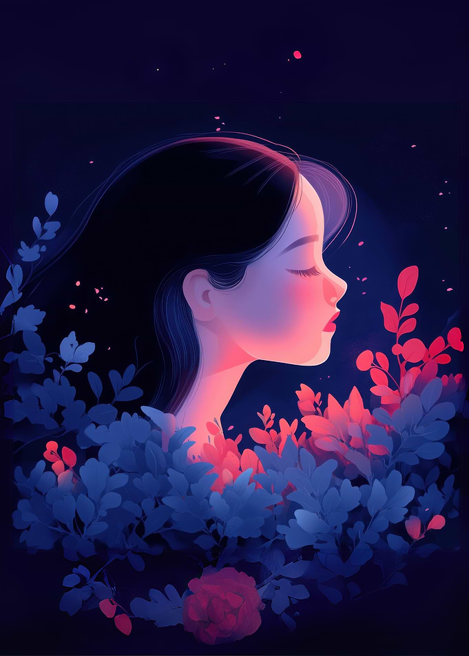 Woman in Blue and Red Flowers