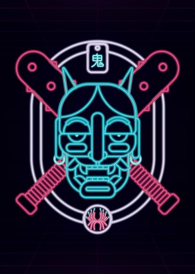 Yokai Oni Retrowave Neon line