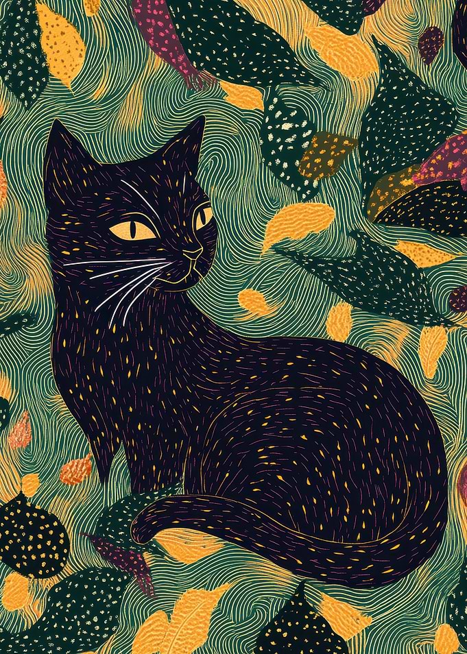Black Cat in Swirling Leaves