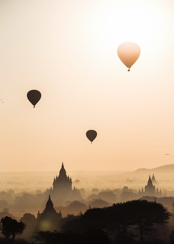 Hot Air Balloons Over Temples in Myanmar