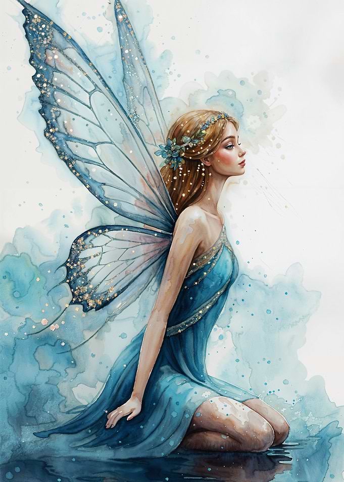 Watercolor Fairy with Blue Wings