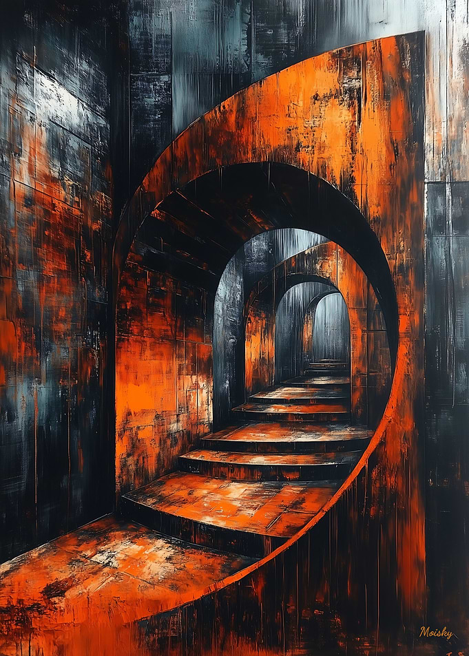 Endless Spiral – Surreal Dystopian Staircase, Dark Abstract Art