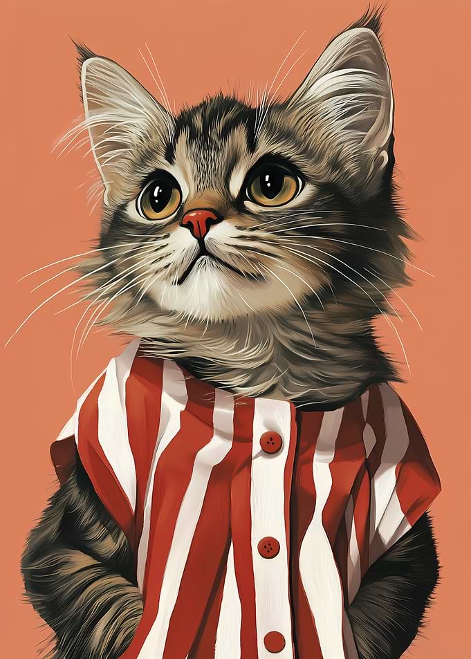 Cute Vintage Cat in Striped Shirt