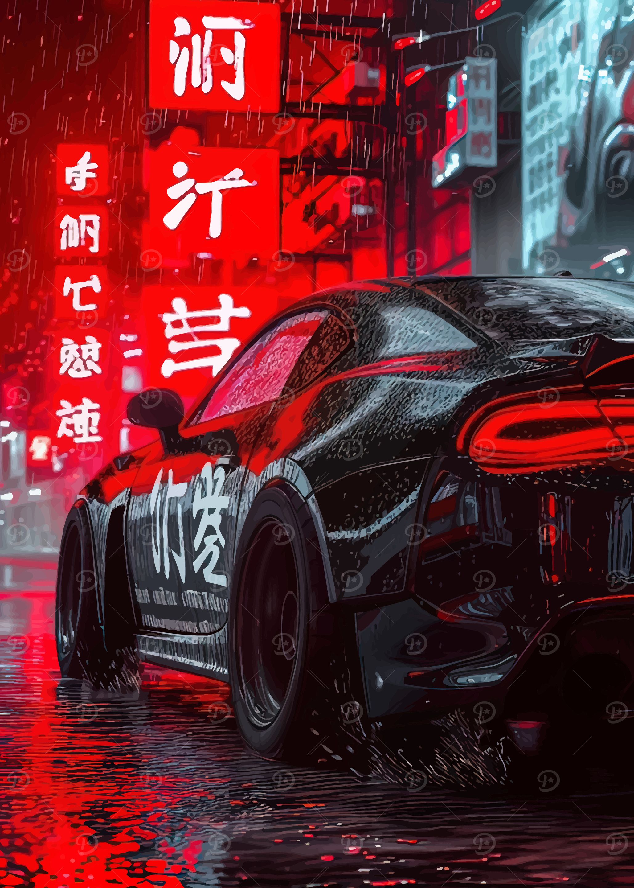 Black Sports Car in Neon Rain