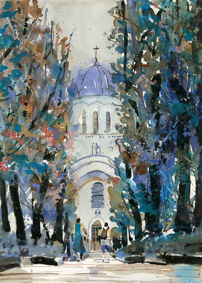 Watercolor Church Scene Kaunas Lithuania