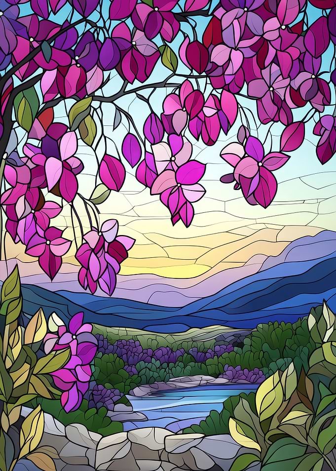 Stained Glass Mountain Landscape