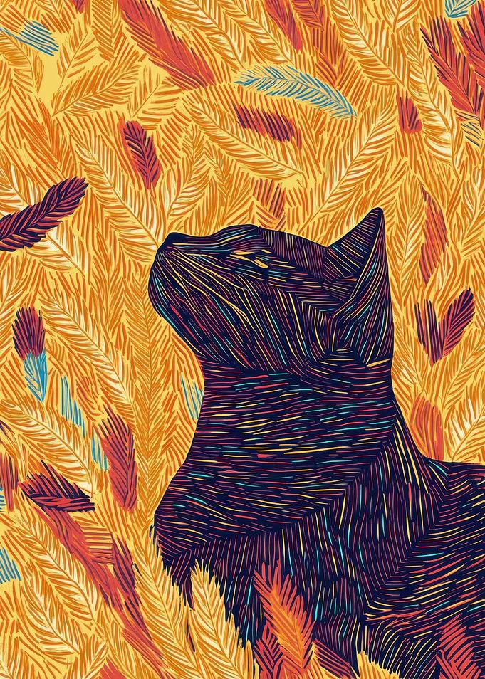 Cat in Feathers, Line Art Cat Portrait