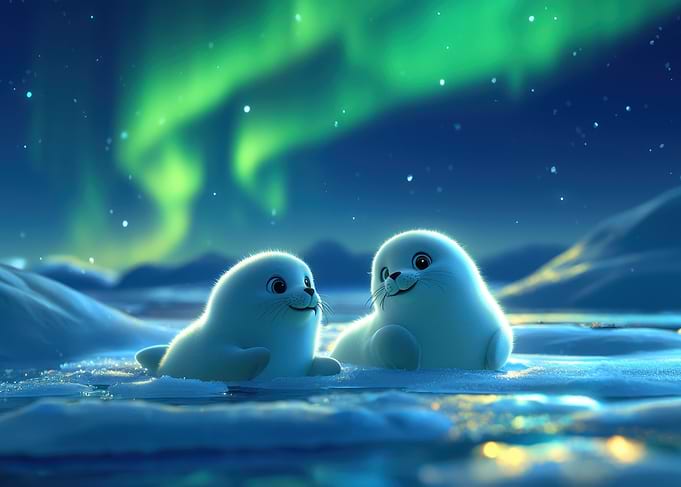 Cute Seals Under Aurora Borealis