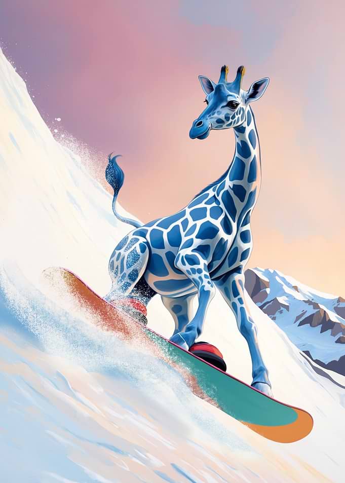 Funny Snowboarding Giraffe in Winter Mountains