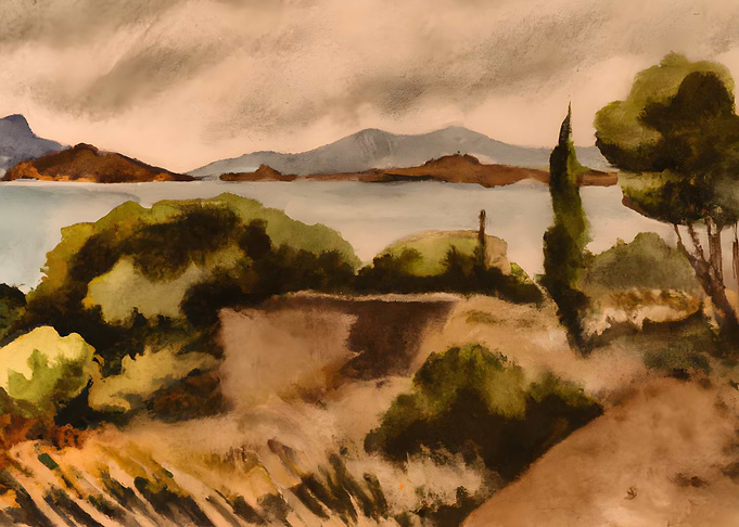 Watercolor Landscape with Lake