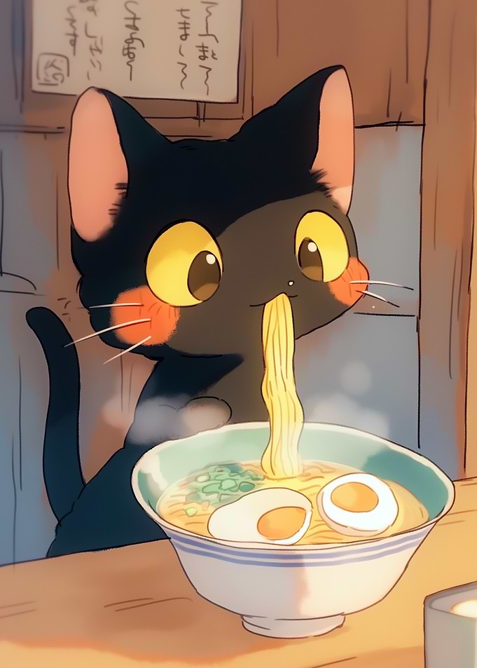 Black Cat Eating Ramen - Japense food