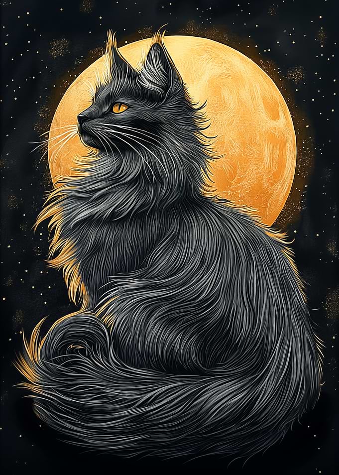 Maine Coon Cat Under Full Moon