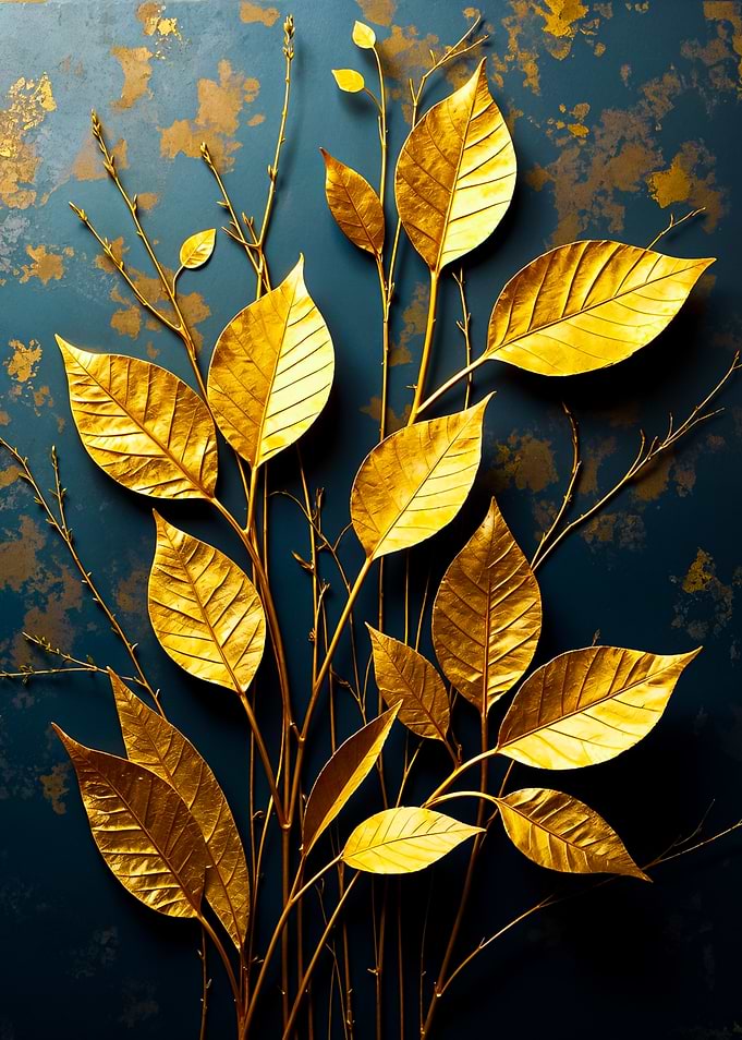 Metallic Art of Ornamental Leaves on a Deep Blue Background