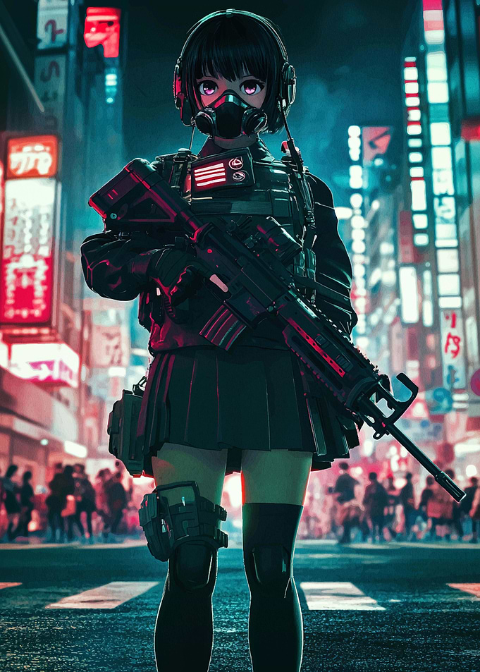 Anime Girl with Gun in Neon City