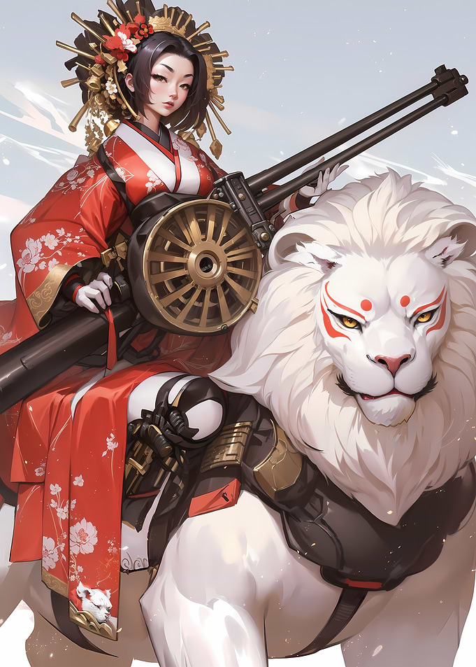 Geisha on Lion with Gatling Gun